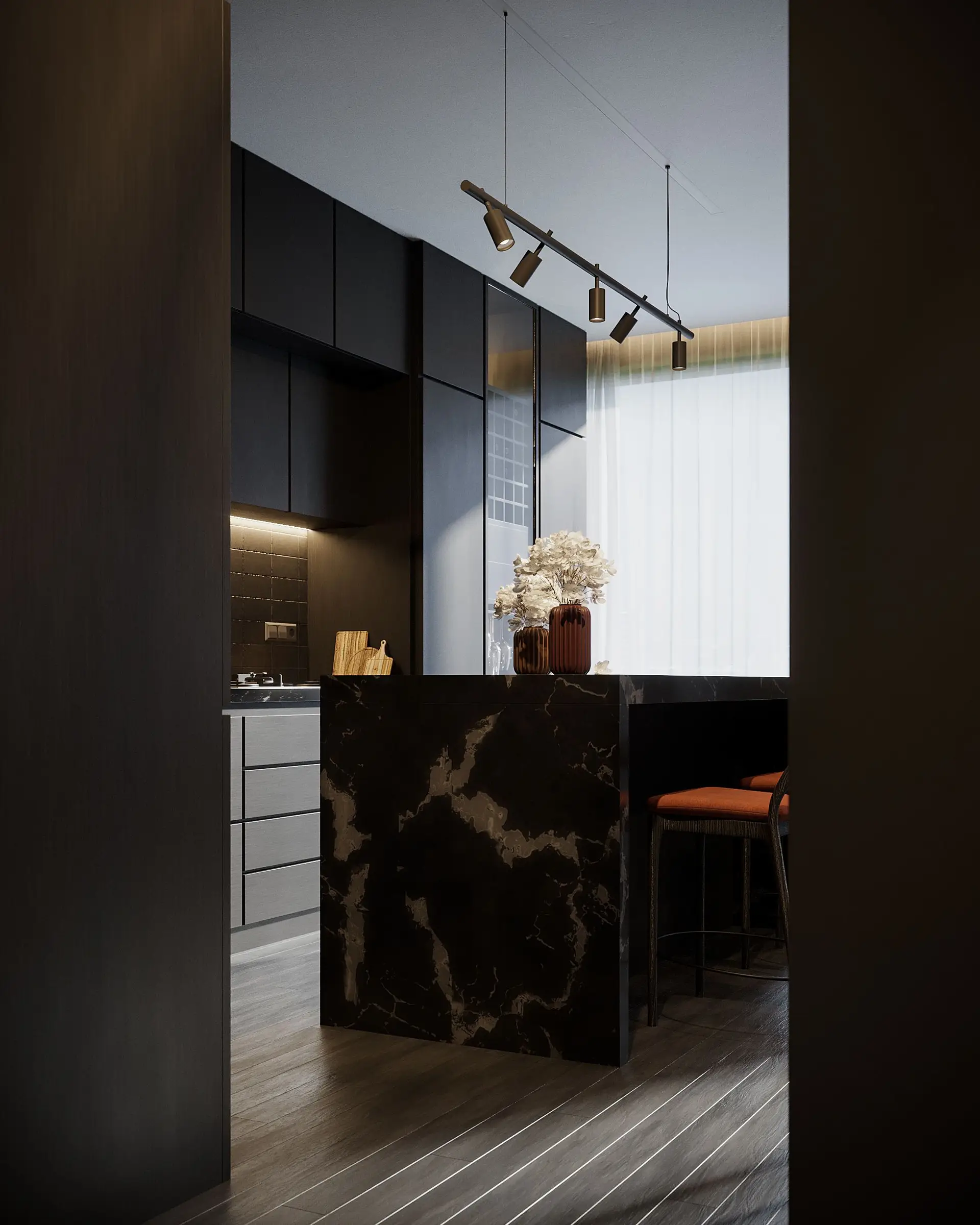 Chef kitchen featuring quartzite stone island and dark fumed oak cabinetry