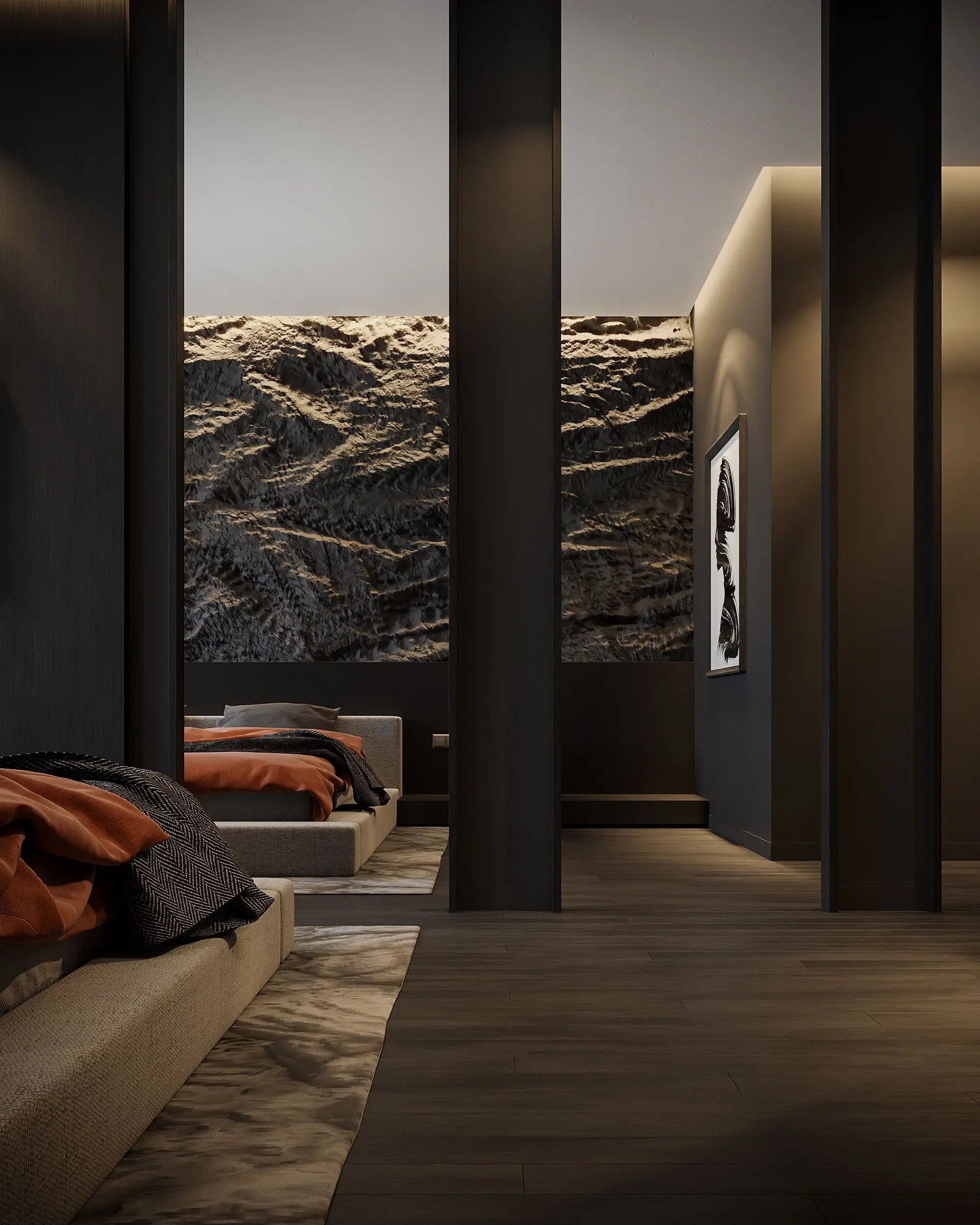 Guest bedroom suite with warm morning light and muted earthy tones