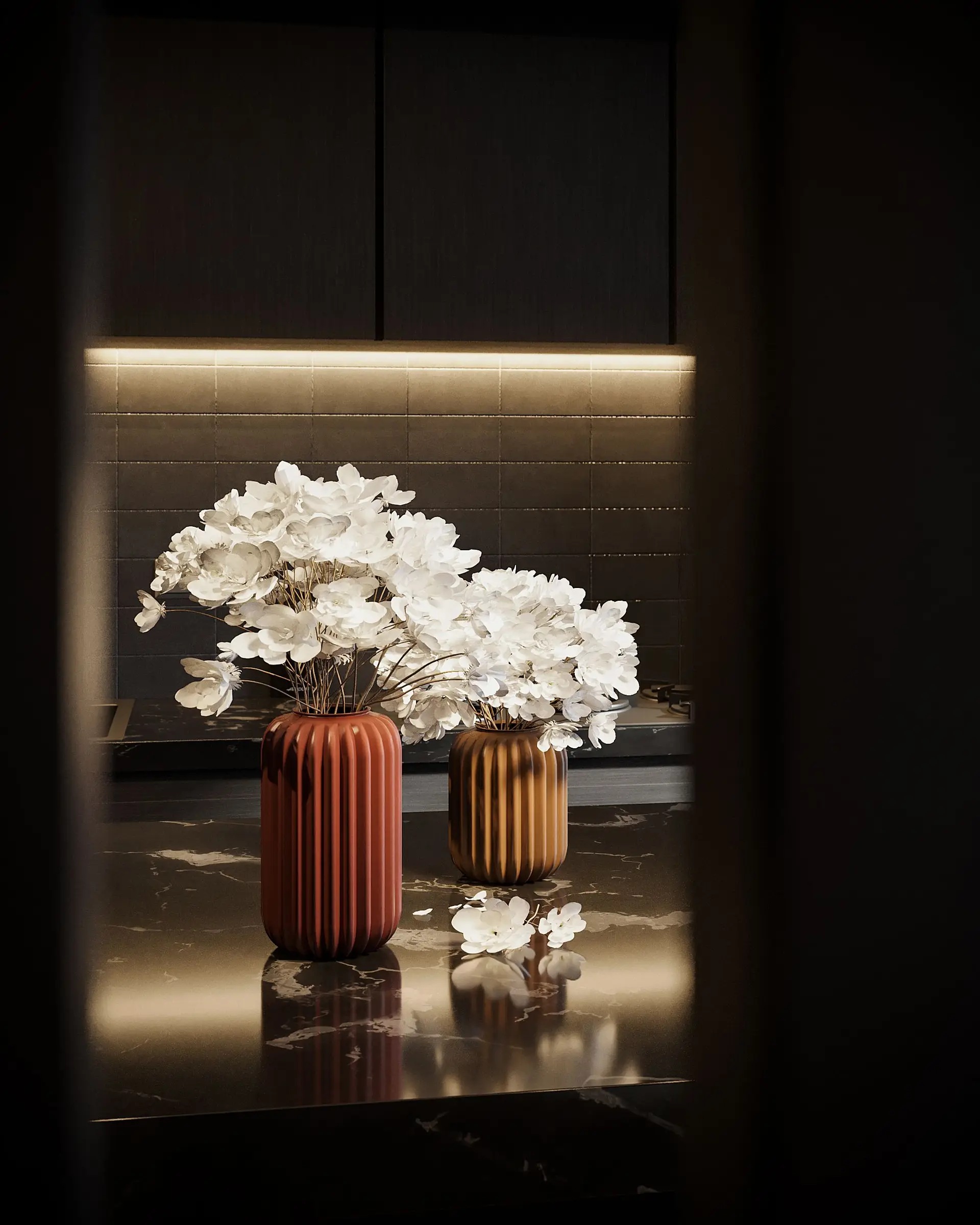 Bespoke ceramic console and stone detailing in the entrance gallery