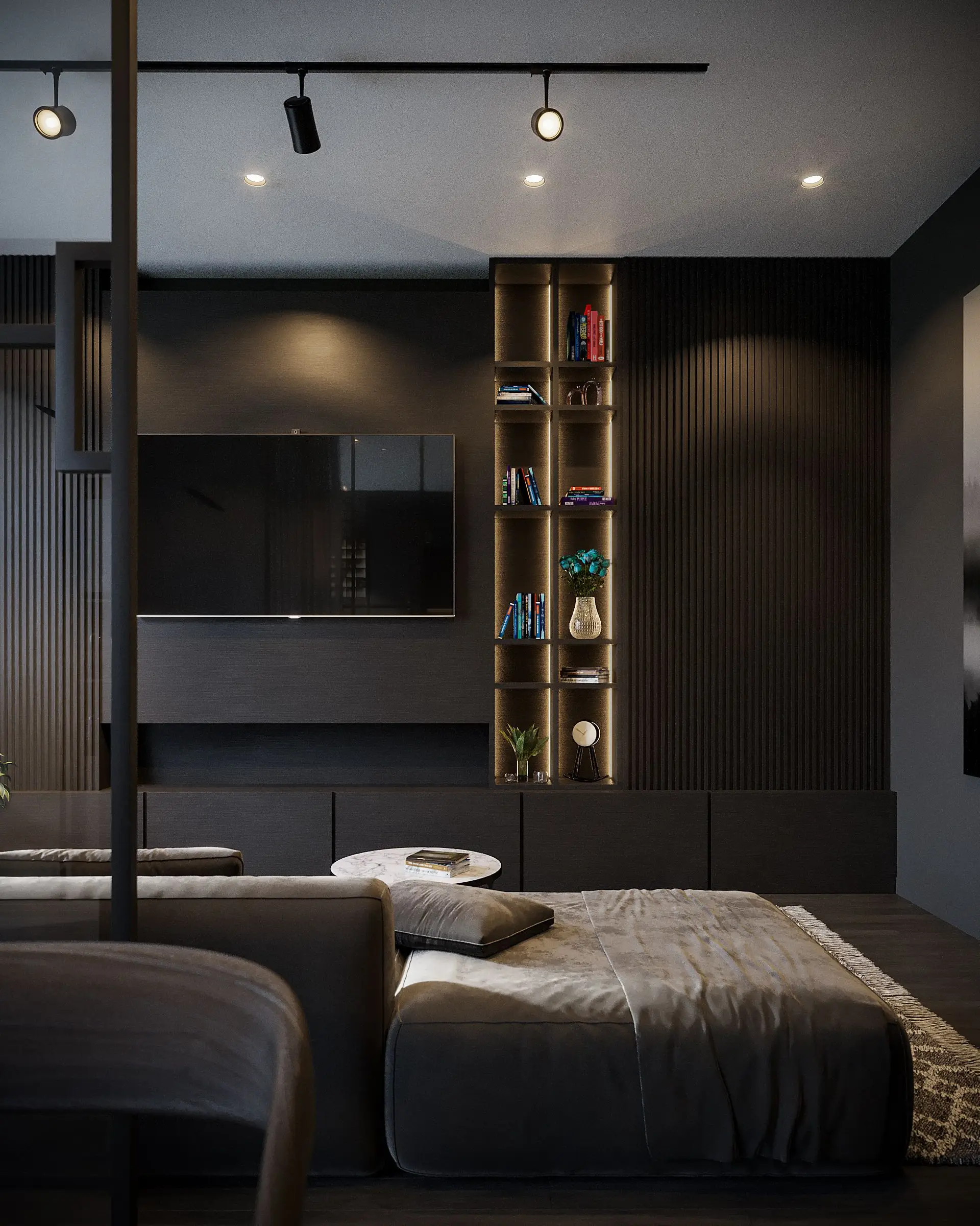 Private study and reading nook with comfortable wool upholstery
