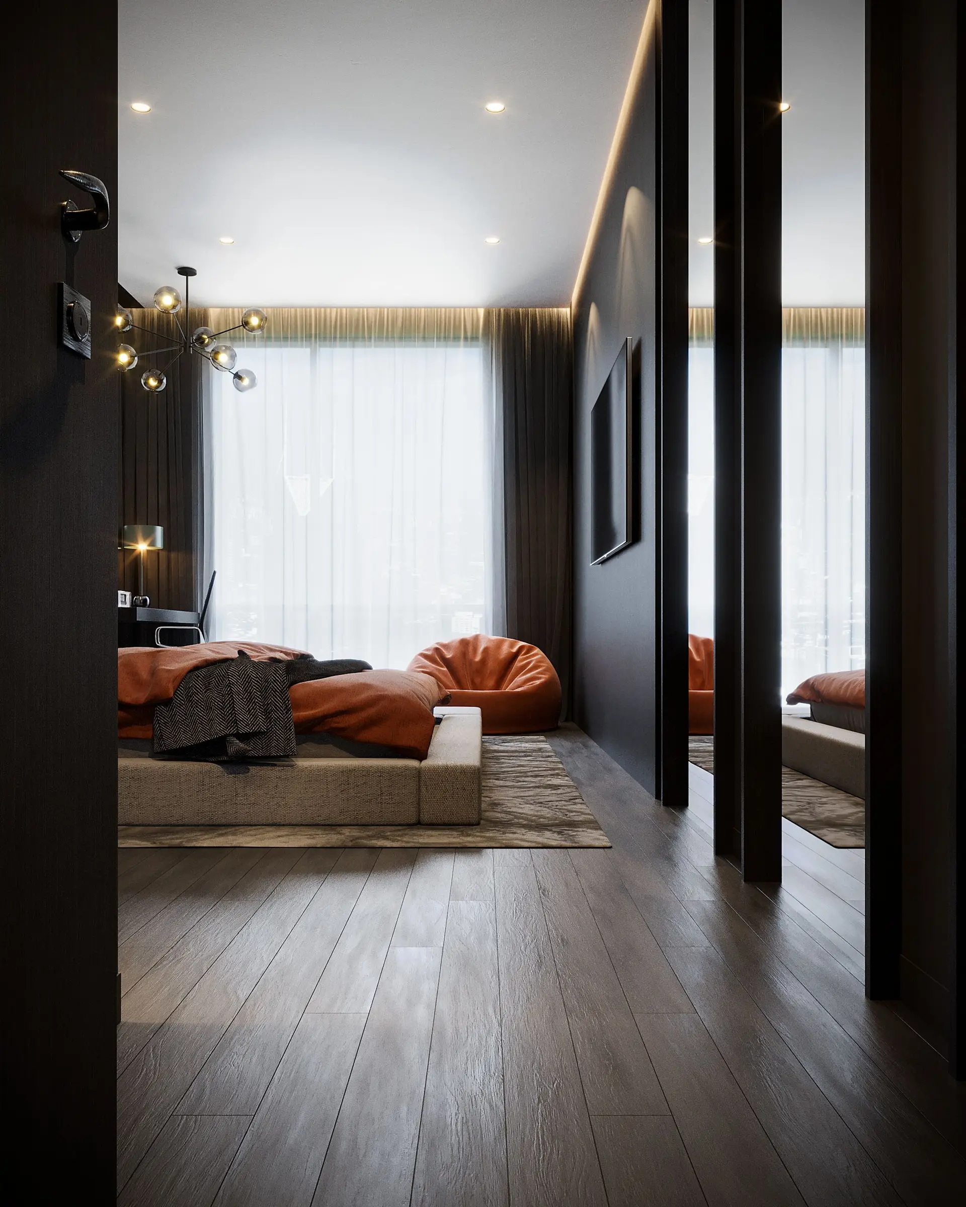 Serene dressing dressing room with integrated millwork and soft carpet