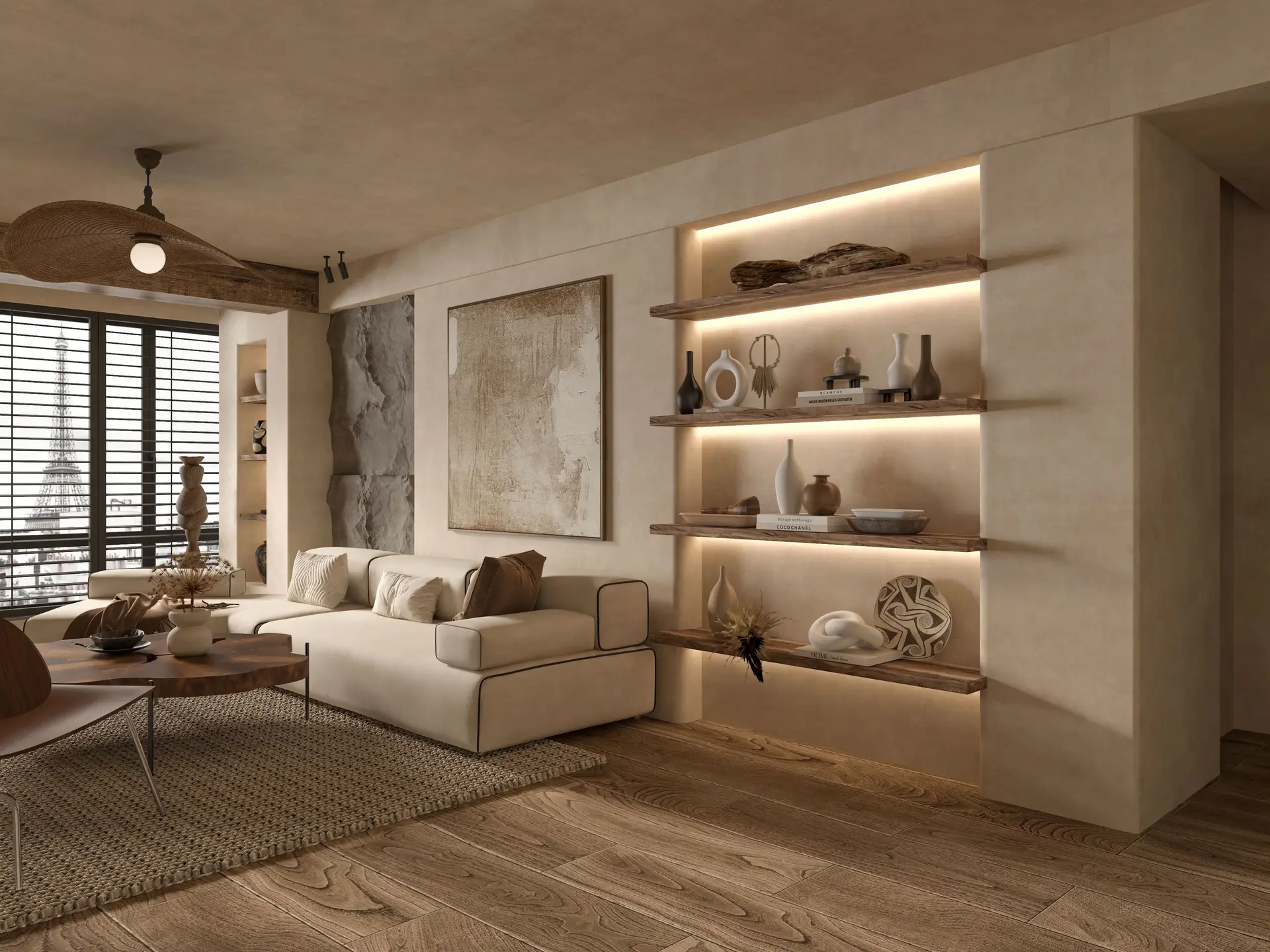 Full residential interior with bespoke cabinetry and curated lighting