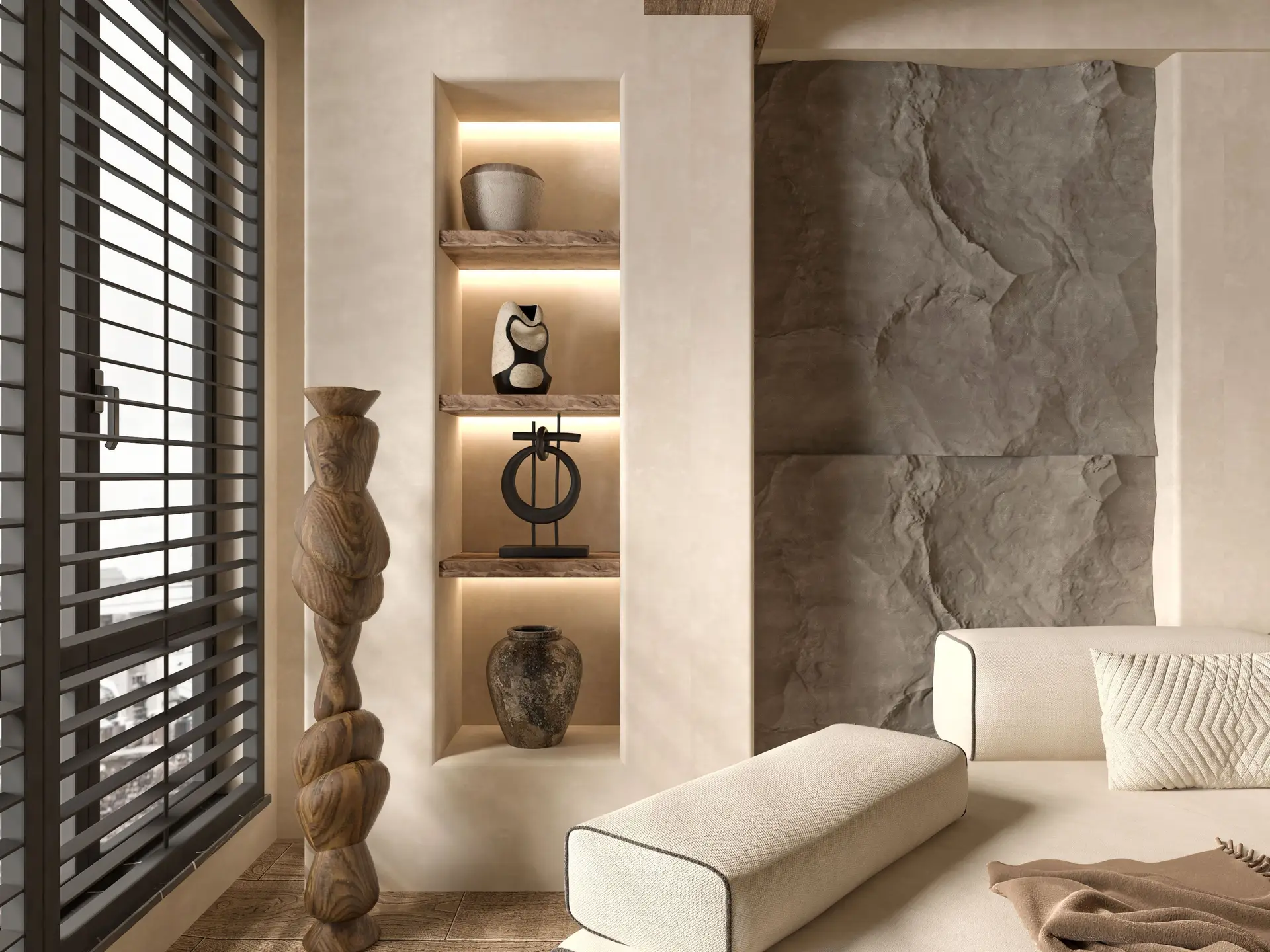 The Cotswolds Stone Villa — expansive living room with hand-finished plaster, natural linen, and bespoke bronze lighting