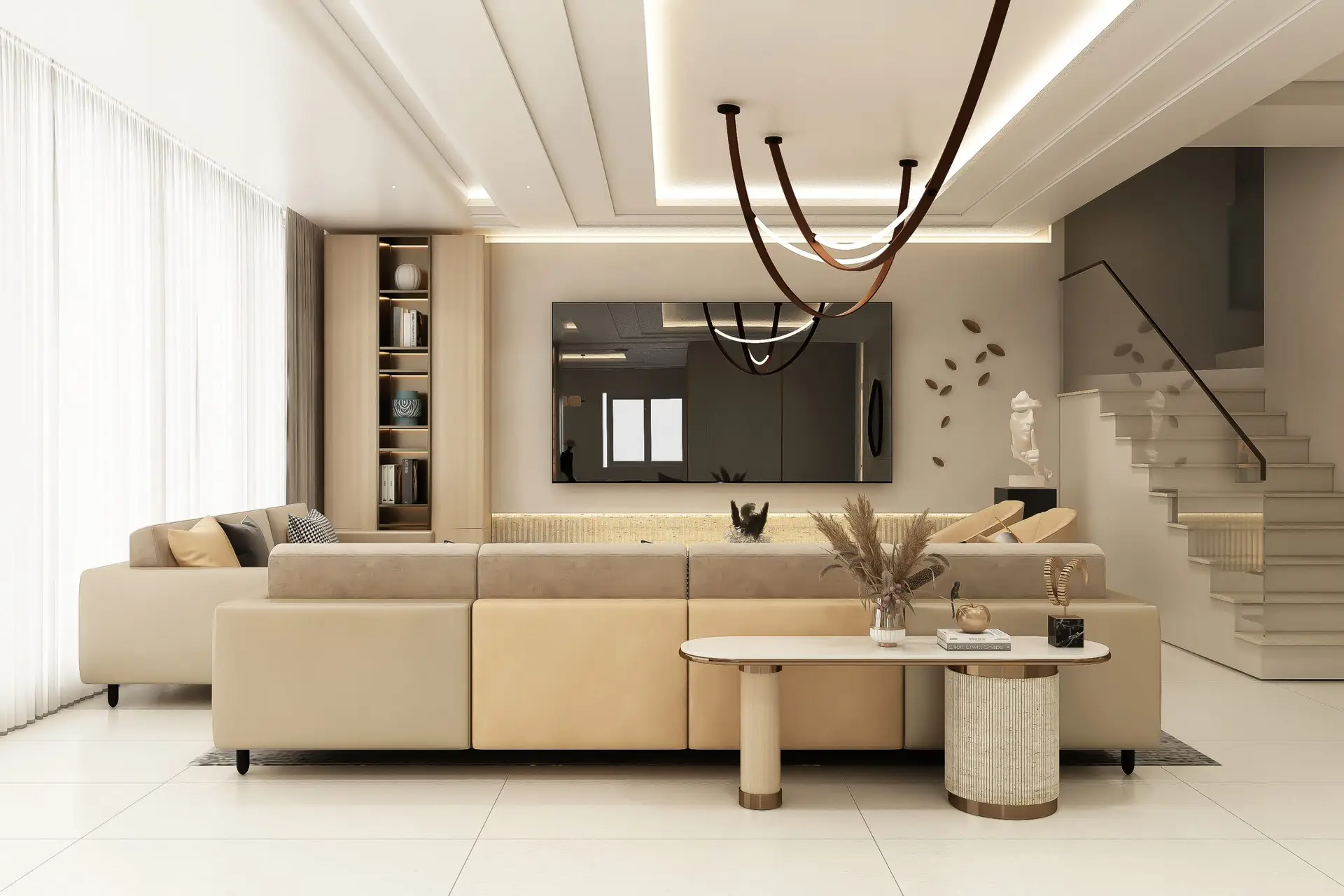Spacious modern living room with warm stone fireplace, linen upholstery, and calm daylight