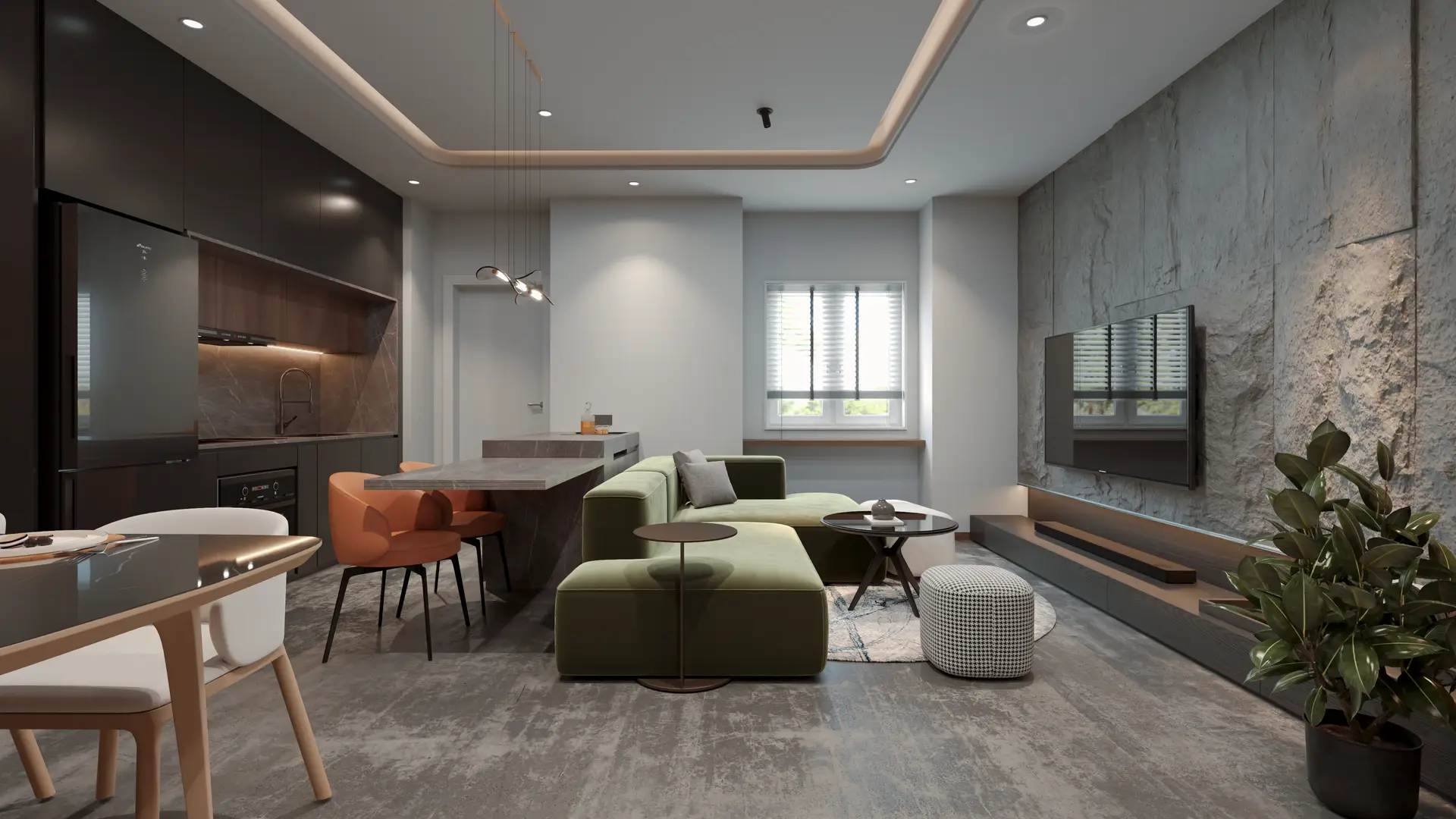Hampstead Heath open-plan family residence with olive velvet sofa and arched reading nook