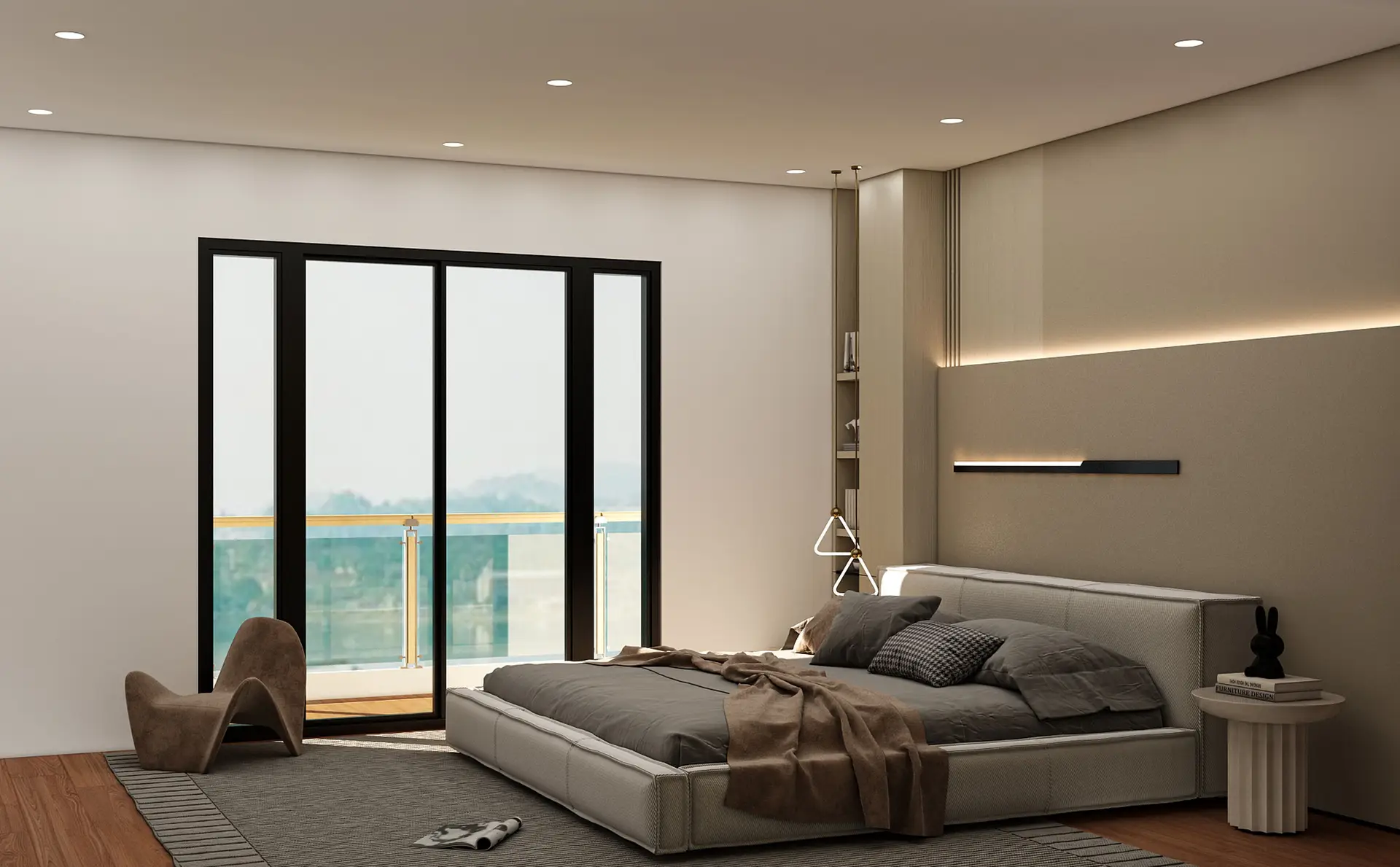 Mayfair Residence bedroom suite designed with bespoke headboard and brushed bronze accents
