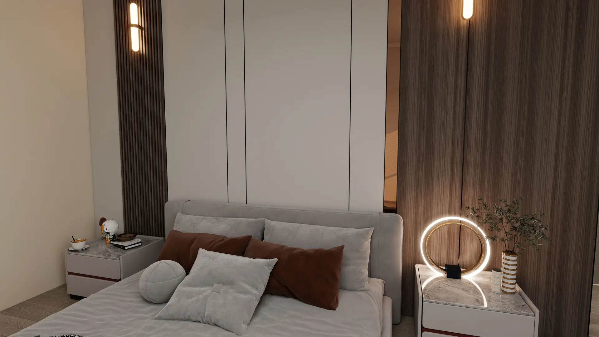 The Surrey Hills Pavilion master bedroom with integrated custom oak headboard wall and serene neutral tones