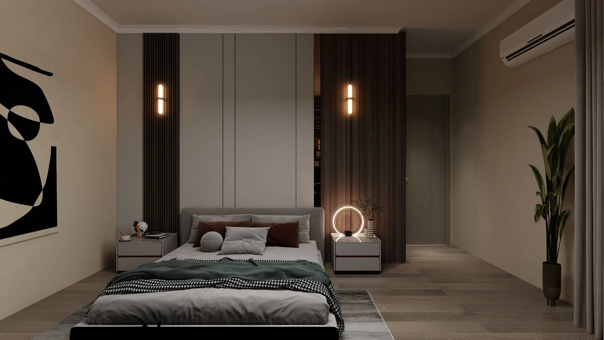 Marylebone Apartment bedroom transformation with olive drapery and bespoke joinery