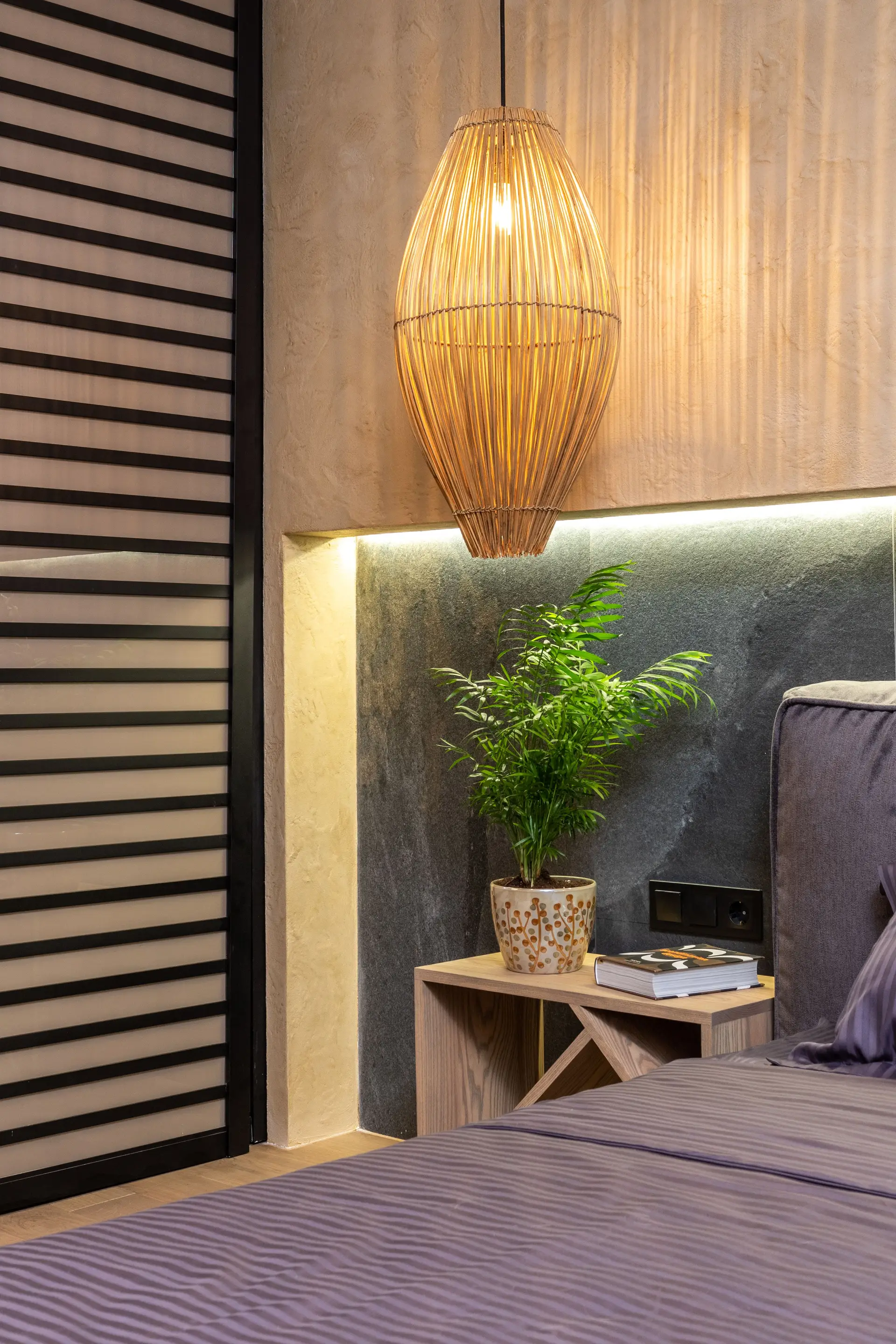 Serene bedroom transformation with tailored linen upholstery and soft warm lighting